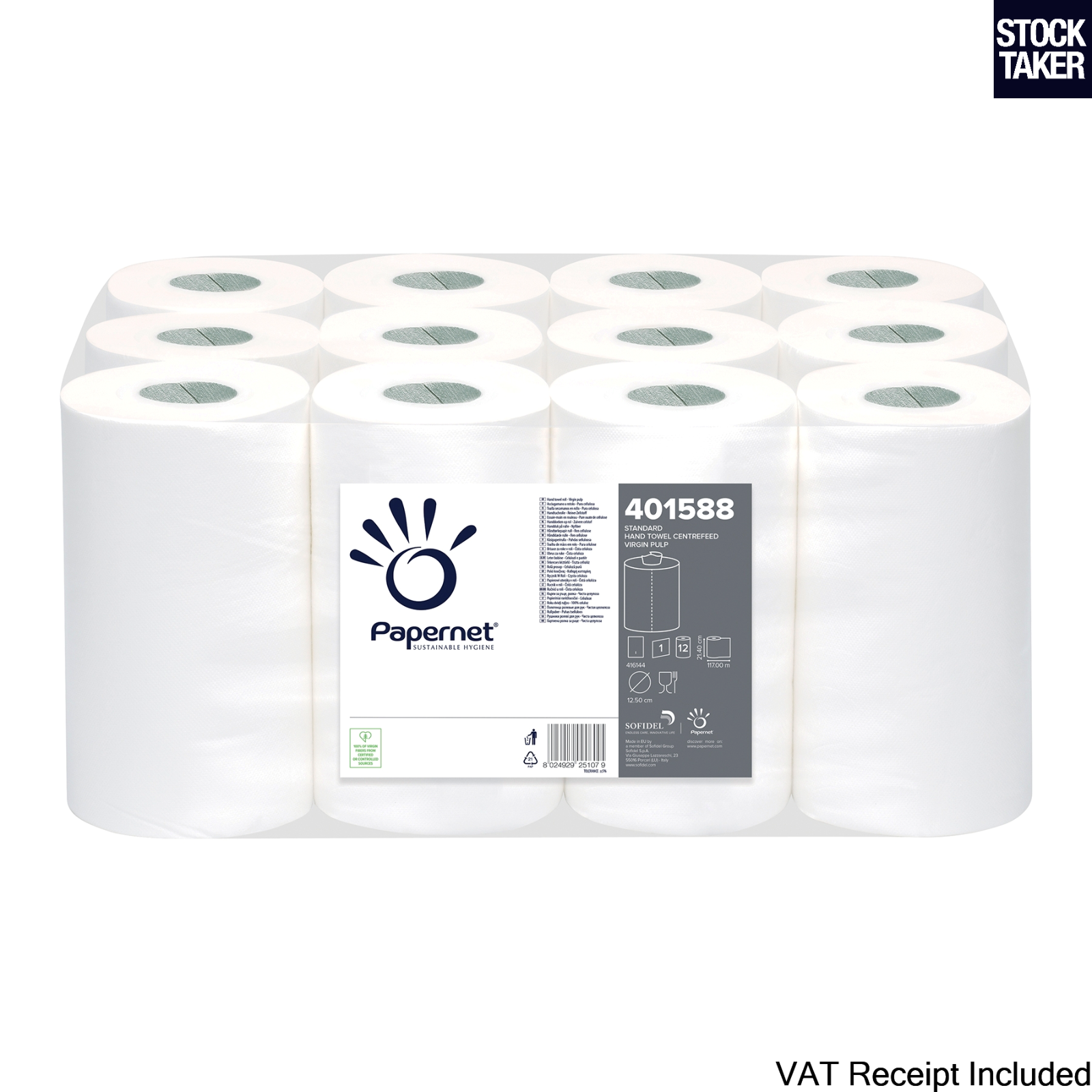 12 Rolls) Papernet 401588 White Paper Centrefeed Hand Towels 1-Ply 117m (VAT Inc