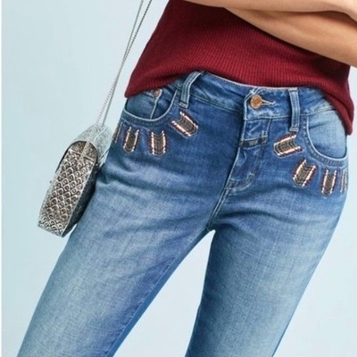 Anthropologie Closed Women Denim Jean Size 26 Baker Mid Rise Slim embroidered