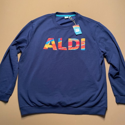 #ad #ad NWT Aldi Pullover Sweatshirt Unisex Adult XXL 2XL Blue With Colorful Wording $14.98