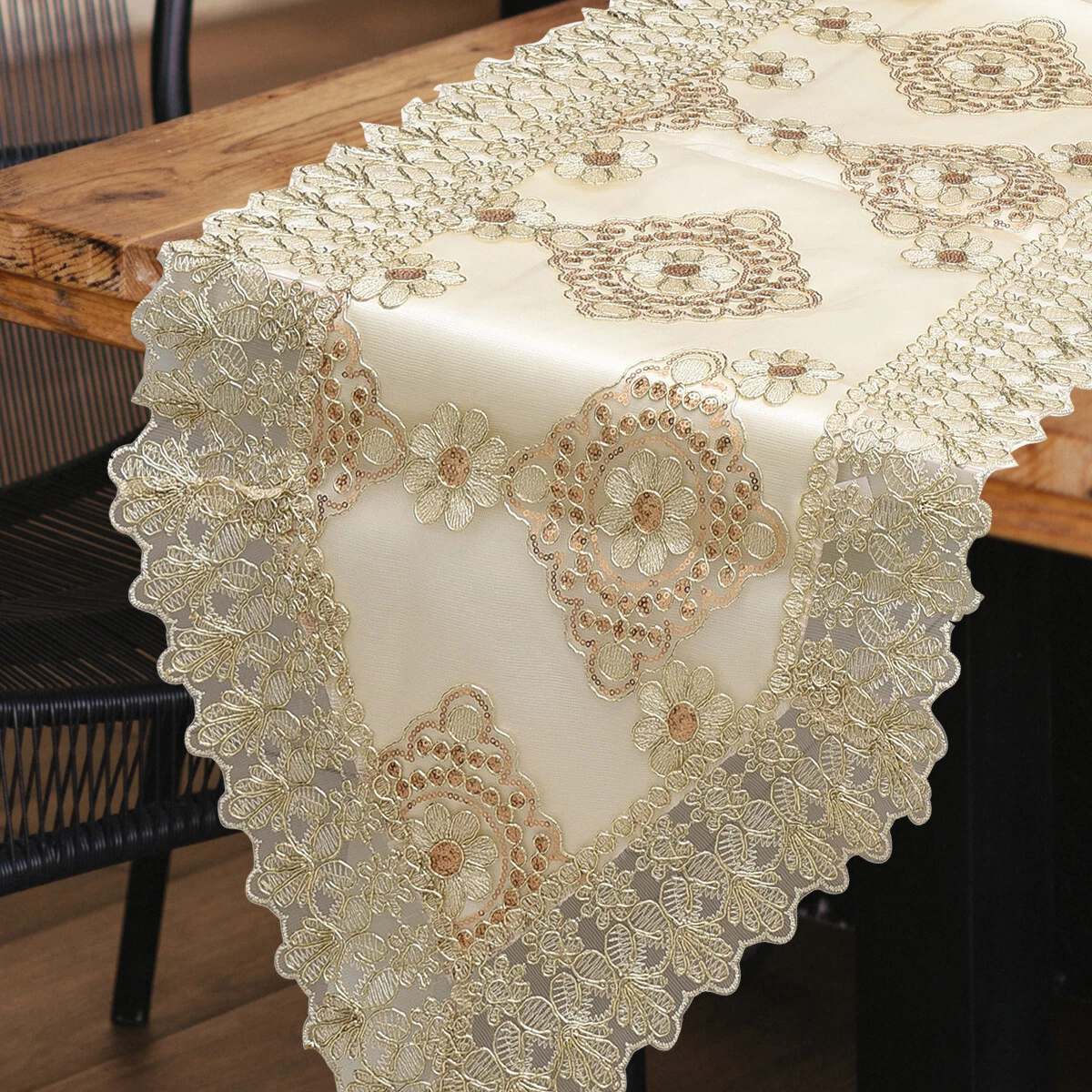 Table Runner Beige Golden Flower Embroidered Pattern Polyester Lace Table  Decor