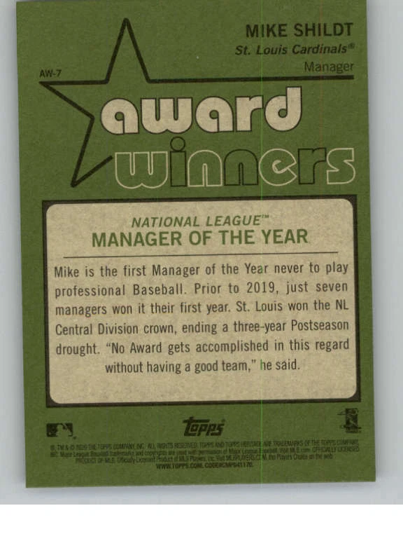 2020 Topps Heritage High Number Award Winners #AW7 Mike Shildt (ref 144489) - Image 2 of 2