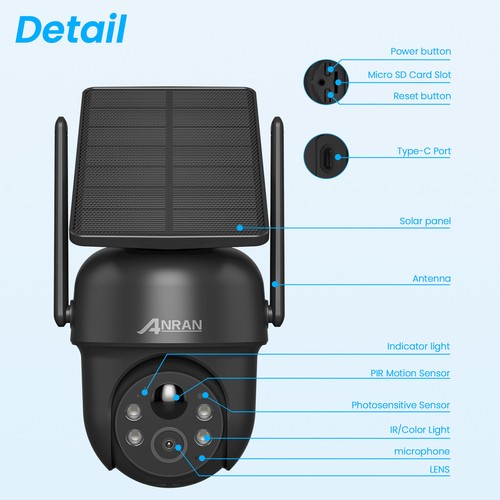 ANRAN 3/5MP Security Camera Outdoor PTZ WiFi Floodlight Solar Camera 2-Audio IR - Picture 16 of 30