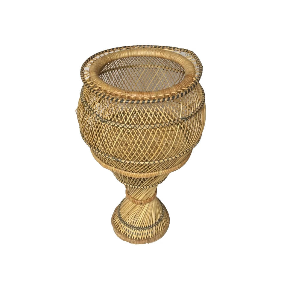 Vintage Woven Wicker Rattan Bamboo Pedestal Round Plant Stand - Nice!! - Image 2 of 3