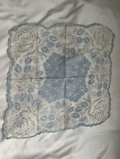 Vintage 100 cotton Light Blue Flowers 12 " HANDKERCHIEF Scalloped Edge