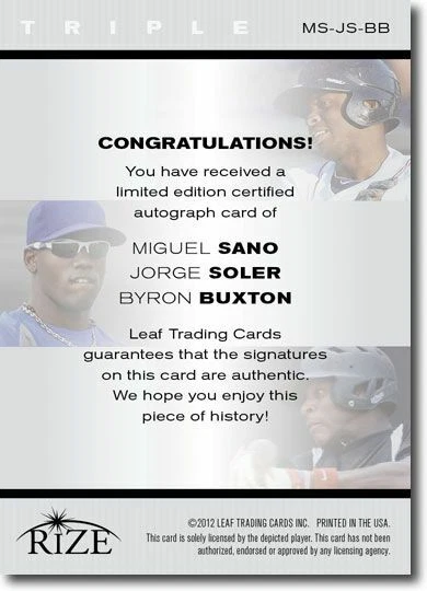 2012 Miguel SANO * Jorge SOLER * Byron BUXTON Rize VERMELHO Auto #/10 - Imagem 2 de 2