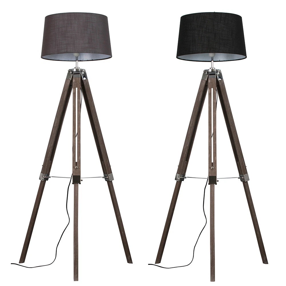 Adjustable Wooden Tripod Floor Lamp Standard Light Cotton Empire Shade LED Bulb