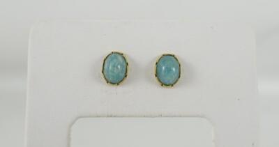 14K yellow gold ladies 9mm oval polished nephrite jade stud earrings  WELLS 1.3g