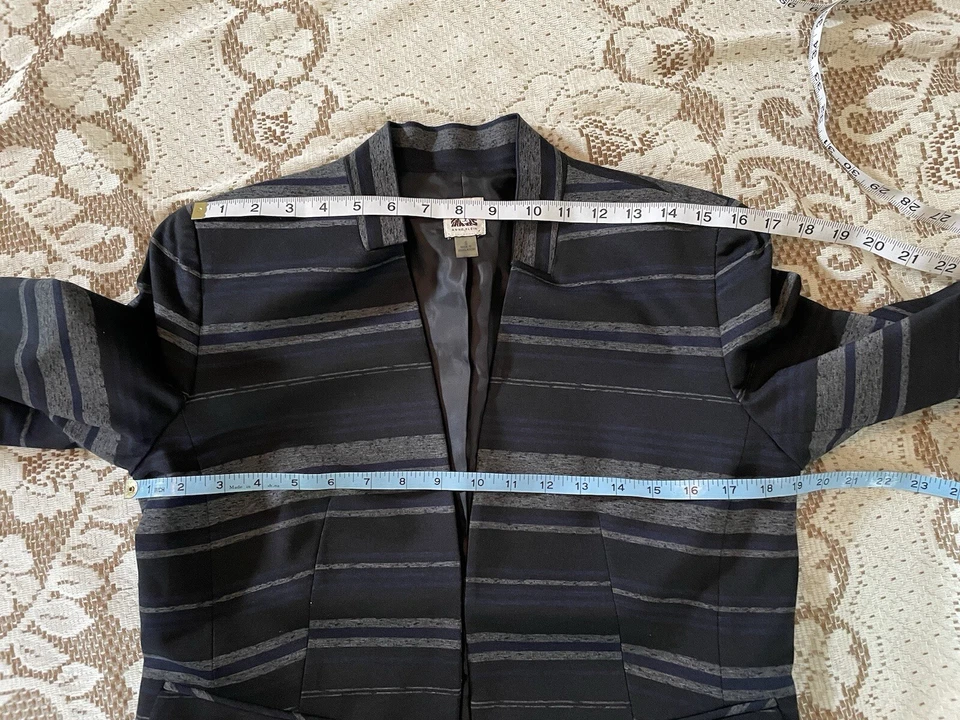 Anne Klein Women Jacket Band Collar Open Front Striped Black Grey Blazer Sz S - Image 4 of 4