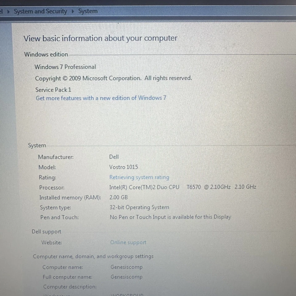 Dell Vostro 1015 15.6” Core 2 Duo 2GB RAM 250GB HDD Windows 7 - Image 4 of 4