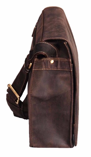 Real Leather Flap Over Shoulder Bag Organiser Satchel Messenger Vintage Brown - Picture 3 of 7