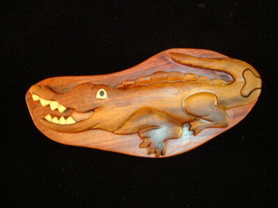 Hand crafted 3D Intarsia Wood Art ALLIGATOR CROCODILE Puzzle Wooden Box