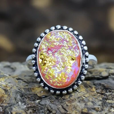 Pink Titan Druzy Quarz Edelstein Handgemacht Ethnisch Silber Schmuck Ringgröße 9 - Bild 1 von 4