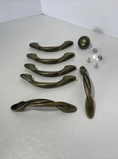 Antique Brass Vtg Cabinet Pull Hardware Handle Center Twisted Lot of 6 One Round