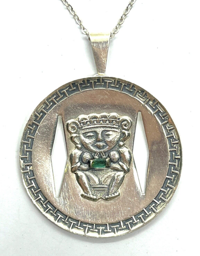 Large Vintage Colombian 900 Silver Emerald Deity Disk Pendant Necklace - Picture 3 of 9