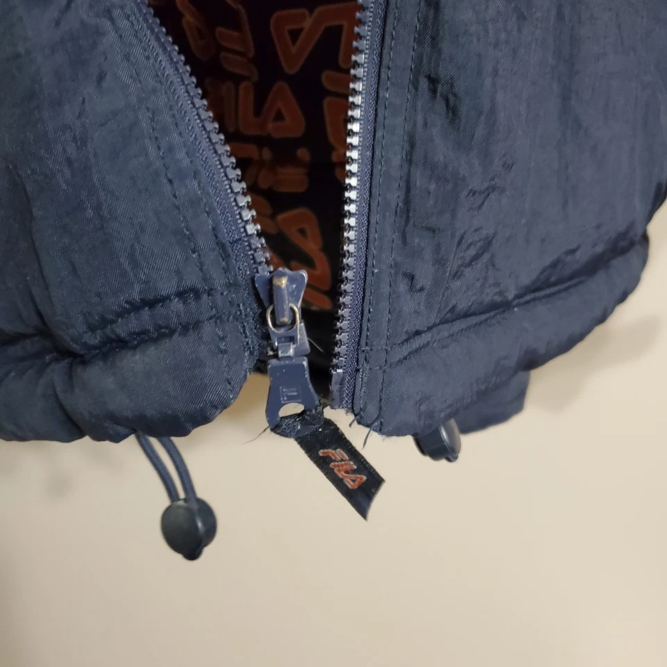 Vintage 90s Fila Puffer Ski Jacket Mens XL Atatchable Hood Orange Blue Retro - Image 3 of 4