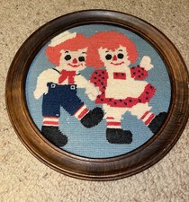 Vintage Framed Needlepoint Raggedy Ann And Raggedy Andy 11.5  
