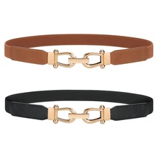 Women Stretchy Waist Belt Retro Elastic Skinny Belt for Ladies with Gold Buckle