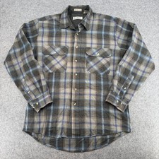 Vintage Sears Roebuck and Co Flannel Shirt Mens L Tall Wool Blend Plaid Grey EUC