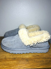 UGG Women  s Suede Sheepskin Lined Slip-On Slippers Gray/Beige US 10