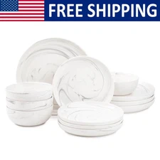 Dinnerware Dinner Service Set Stoneware Round Plates Bowls 12 Piece Kitchen Hot