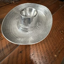 Vintage Pewter Sombrero Cowboy Hat Chips & Dip Bowl
