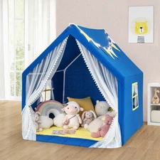 Kids Castle Play Tent for Toddlers w/Cotton Mat Star Lights Windows House Blue