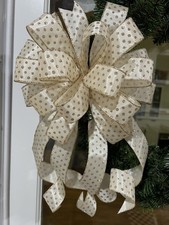 Handmade Large Ivory Gold Polka Dot Bow for Christmas Wreath Swag Decor 10 x 20
