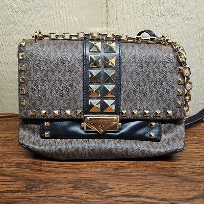 MICHAEL KORS CECE MEDIUM STUDDED LOGO LEATHER SHOULDER  BROWN Logo  BLACK Bag !!