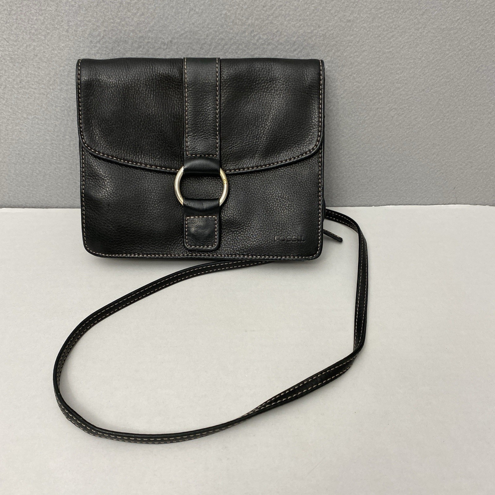 Fossil Black Leather Crossbody Shoulder Bag Traveler Organizer Purse 90’s