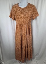 Shein Curve Dress Womens 1XL Brown Floral Maxi Short Sleeve Tiered Hem