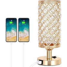 Crystal Gold Bedside Lamp with USB Charging Ports Nightstand Lamps for Bedroom