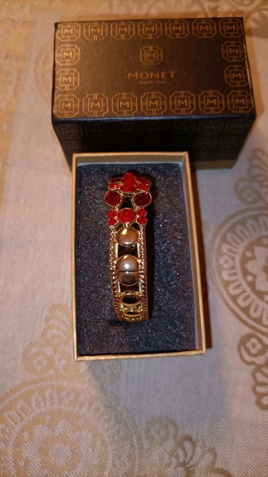 Monet, flexibles Armband, Armreif, Rot, Gold, Modeschmuck, gestempelt  - Bild 4 von 4