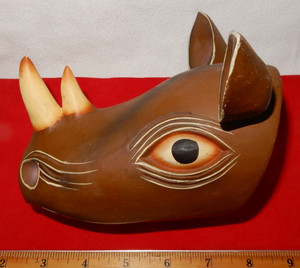 Rhino Wooden Handcrafted Mask - Wall Hanging- Sri Lanka -5" x 5 1/2" x 4 3/4 in.