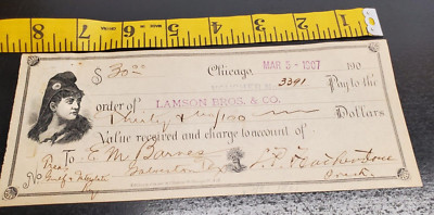 1907 Cancelled Check - Woman on front - small wheat stack and sickle - Chicago