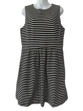 J. CREW Daybreak Dress Black White Stripe Pockets Fit & Flare Sleeveless Women L