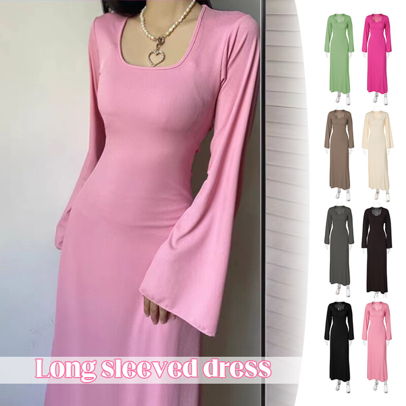 Women Bodycon Maxi Dress Slim Lace-Up Straps Dresses Casual Flare Sleeve  Skirts