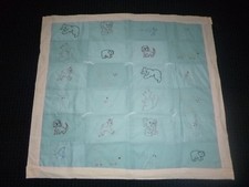 Vtg Embroidered Animals Baby Quilt Cotton 35 x31.5" Aqua Blue Dog Elephant Bear