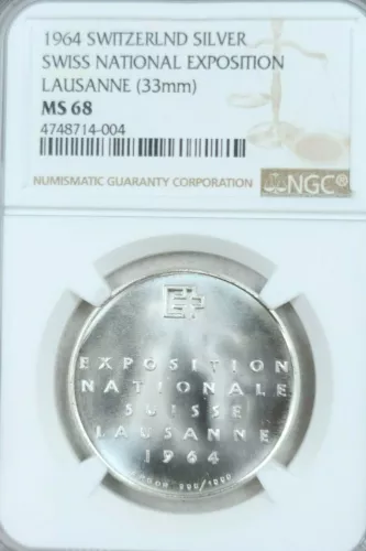1964 SWITZERLAND SILVER SWISS NATIONAL EXPO LAUSANNE 33MM NGC MS 68 RARE TOP POP