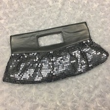 Silver Metallic Clutch Sequins Accent Front Magnetic Closure Prom Party Purse