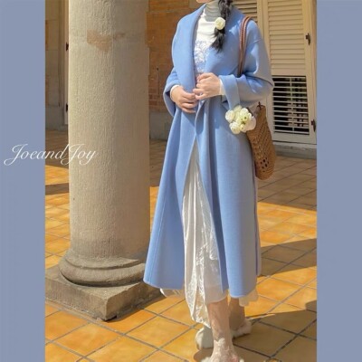 womens vintage long wool coat blue winter fall warm business casual holiday 