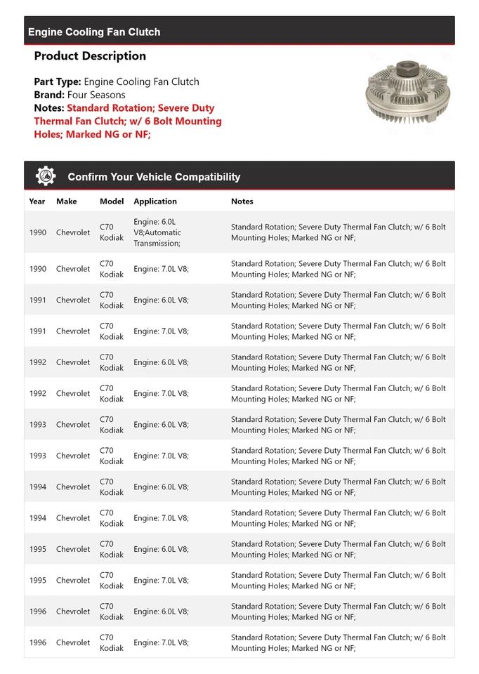 Embrague ventilador refrigeración motor Chevrolet C70 Kodiak 1990-1996 4 estaciones 1991 1992 Foto 2 de 4