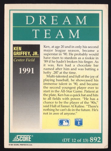 1991 Score Ken Griffey Jr Dream Team MLB Baseball Card 892 Mariners 