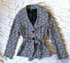 CAROLE LITTLE Black  White Chevron/Geometric Button-Up Collared Jacket w/Sash S
