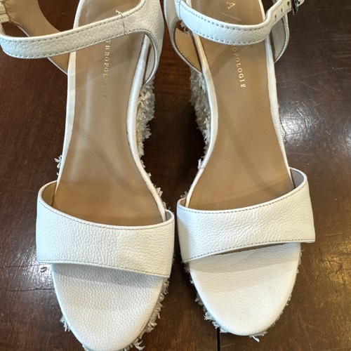 Anthropologie Sandals 8 Tufted Raffia Wedge Platform White - Picture 16 of 16