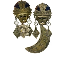 Tribal Relic Earrings Cresent Moon And Sun Pewter Dangle Vintage Rare 