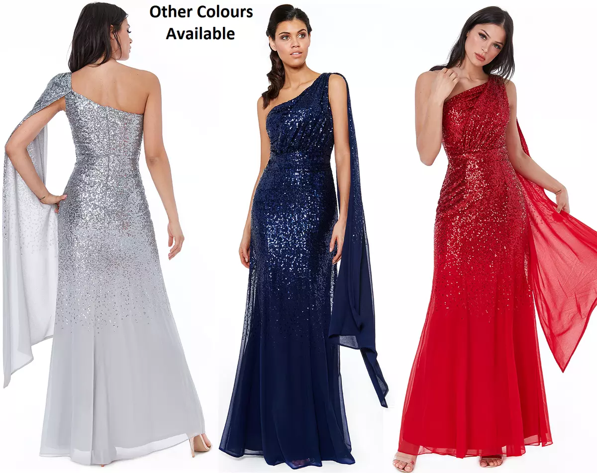 Goddiva Sequin Chiffon Sash One Shoulder Maxi Evening Dress Bridesmaid Prom 8 18
