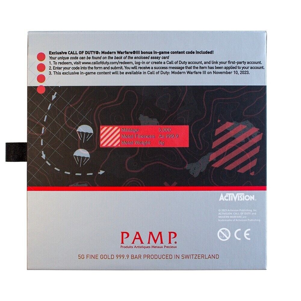 Gray box with red and black design, “5G FINE GOLD 999.9 BAR PRODUCED IN SWITZERLAND” text, and PAMP logo at bottom.
