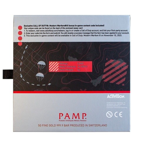 Gray box with red and black design, “5G FINE GOLD 999.9 BAR PRODUCED IN SWITZERLAND” text, and PAMP logo at bottom.