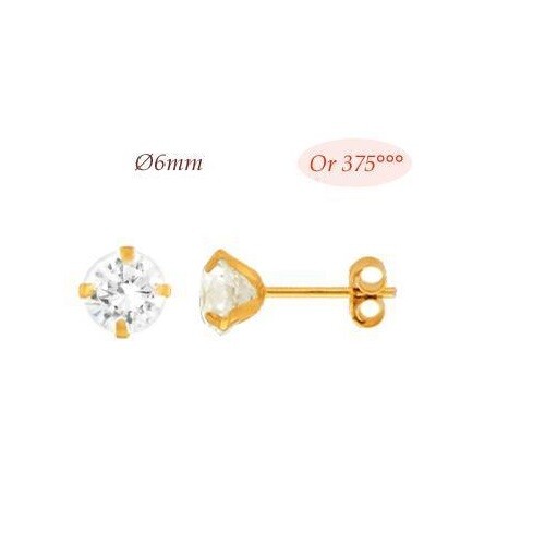 Boucles d'oreilles puces en or massif 9K et diamant CZ 6mm par Dolly-Bijoux
