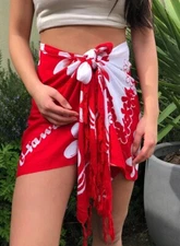 Hawaiian Sarong Short Red White Plumeria Pareo Beach Pool Cruise Wrap Skirt